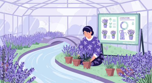 Woman tending to lavender plants in greenhouse.