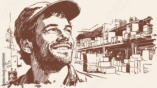 Warehouse supervisor looking ahead satisfied portrait. Experienced logistics manager near shelves and packages. Crayon hand drawn illustration sketch style. Banner for supply chain branding.
