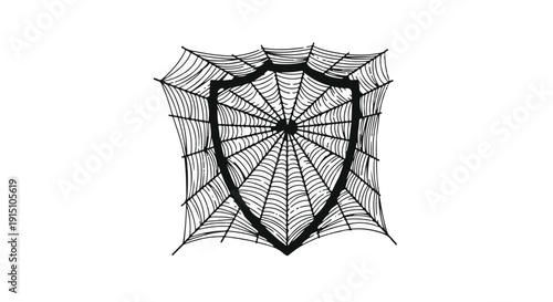 Shield protected by spider web cybersecurity concept with black lines on white background