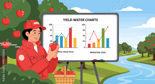 Farmer Analyzing Apple Yield and Irrigation Charts in Orchard.