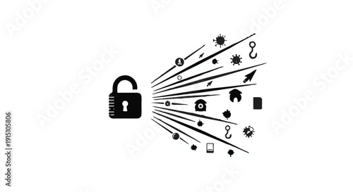 Padlock security protection concept with radiating icons, symbolizing data safety and privacy, secure access and control