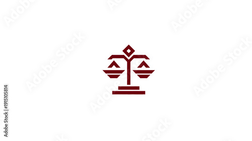 A burgundy-colored, symmetrical balance scale icon centered on a stark white background