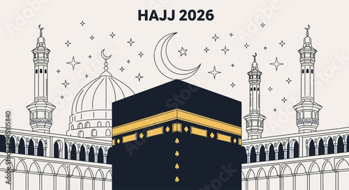 Illustration of Kaaba at Hajj 2026 with crescent moon and stars above, surrounded by mosque architecture