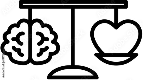 A stylized black and white illustration depicts a balance scale with a brain and heart