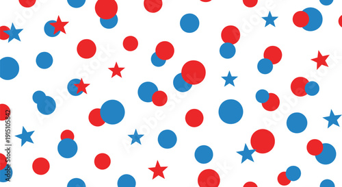 Red and blue dots and stars pattern on white background, vector illustration