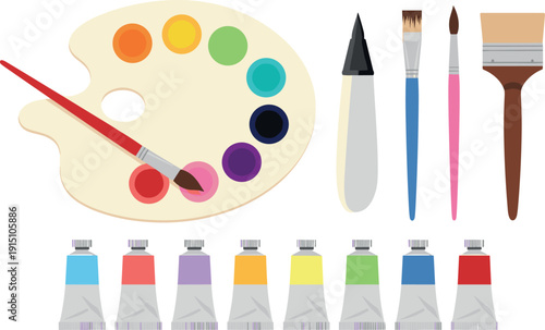 Artist painting tools set vector illustration with color palette brushes spatula and acrylic paint tubes