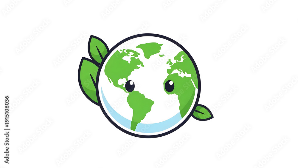 Obraz premium Cartoon Globe with Leaves and Facial Expression.