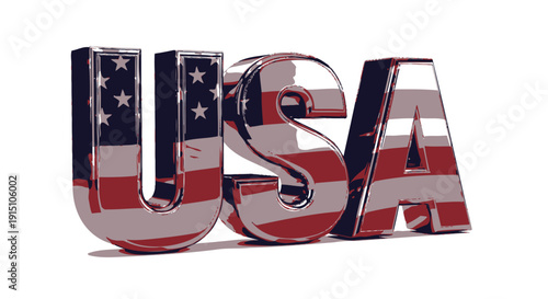 Shiny metallic USA text with American flag pattern isolated on transparent background