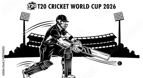Cricketer in action at the T20 Cricket World Cup 2026 stadium illustration