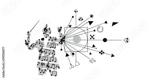 Creative modern business concept with person made of geometric shapes and symbols, innovative technology idea, abstract design, futuristic illustration