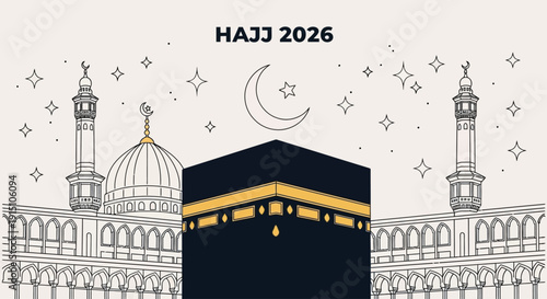 Pilgrims gathering at the Kaaba during Hajj 2026 ceremony illustration