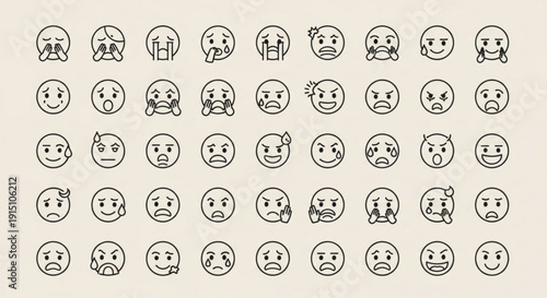 A grid of various simple line-drawn emoticon faces in circular icons displayed on a neutral background viewed directly from above