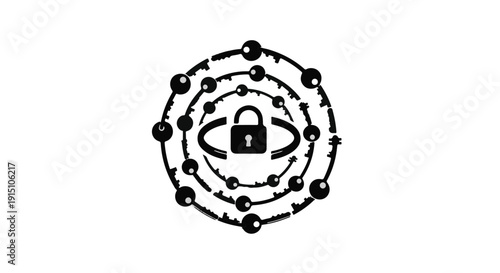 Cybersecurity concept with padlock and arrows in concentric circles on white background, symbolizing data protection and online security