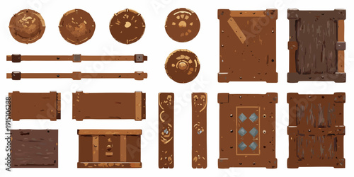 Collection of pixel art wooden shields doors and decorative elements