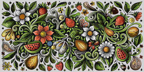 Detailed doodle illustration featuring various fruits flowers and leafy elements