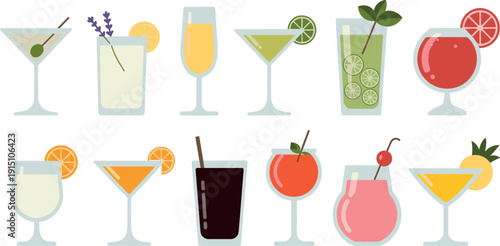 Colorful Cocktail Drinks Set with Margarita Martini Juice and Tropical Beverages Vector Illustration Collection