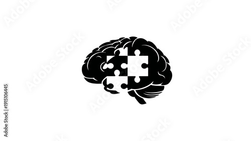 A black and white illustration shows a brain silhouette with puzzle pieces integrated