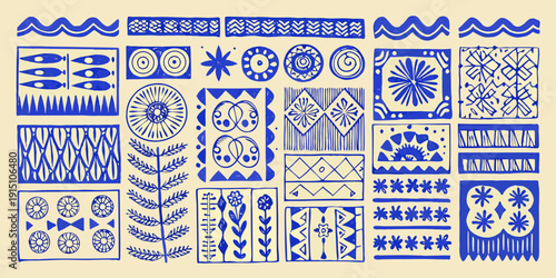 Blue and white patterned designs arranged in a grid like composition