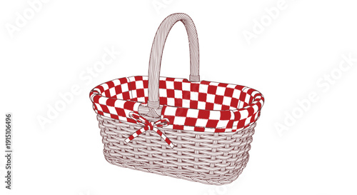 Vector illustration of a white wicker basket with red and white checkered lining isolated on transparent background