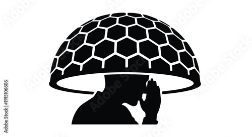 Silhouette of person under honeycomb patterned dome thinking deeply in contemplation with hand on face