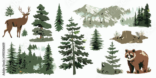 Forest wildlife and trees illustration with a deer bear and mountainous backdrop