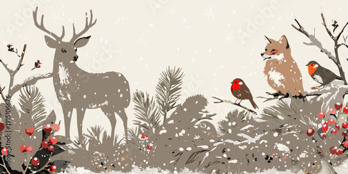 Winter scene featuring a deer fox birds and festive foliage