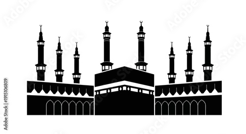Majestic Mosque Silhouette with Minarets and Dome Against Clear Sky Viewed from Front