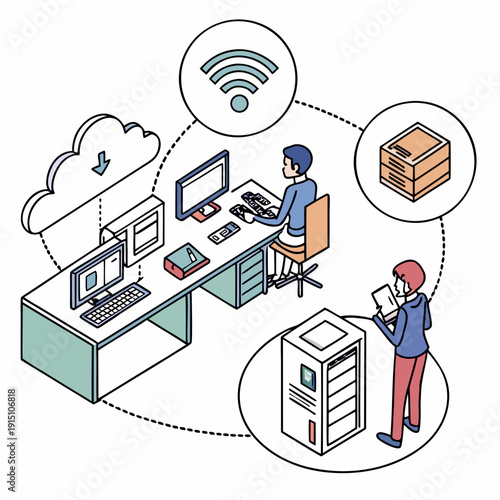 Two technicians working on computer systems and network infrastructure