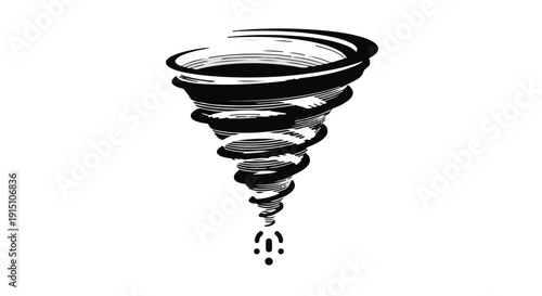 Black and white tornado illustration with swirling stormy weather, dramatic natural disaster concept with gray background