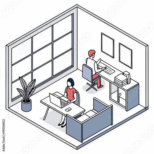 An office with two people sitting at desks