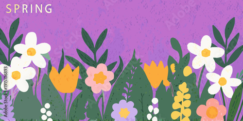 A colorful illustration depicting spring flowers and foliage against a purple background