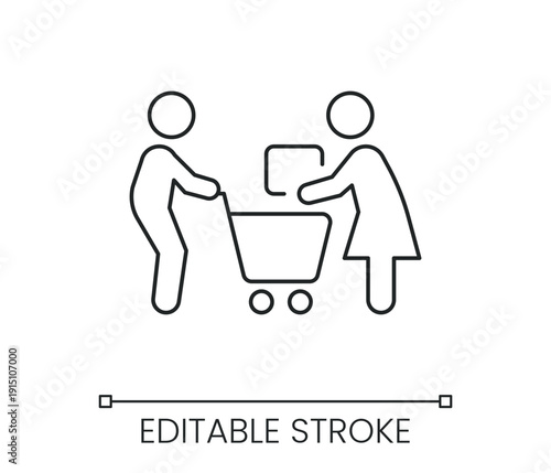 Couple shopping together with grocery cart putting products inside store retail