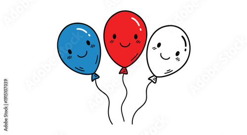 Three smiling balloons in blue, red, and white colors, isolated on transparent background