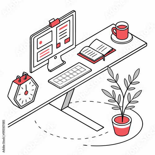 A desk with a computer and office supplies