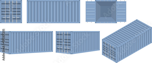 Vector set of blue cargo shipping containers in different perspectives. Clean flat illustration isolated on white, perfect for web design, apps, infographics, logistics and industrial projects.