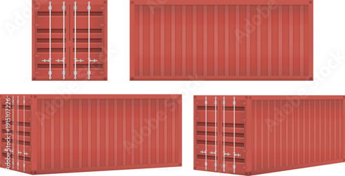 Red shipping container vector illustration set displayed from multiple angles. Isolated on white background. Suitable for logistics, transportation, cargo delivery, export and import concepts.
