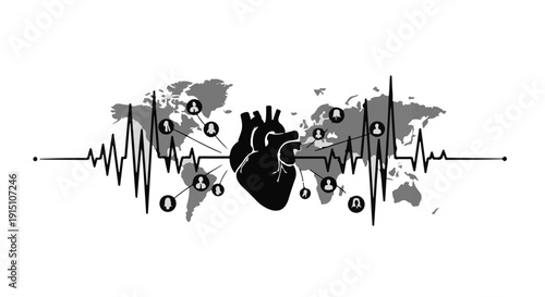 Medical health heart rate ecg monitor world map global wellness concept with black and grey colors