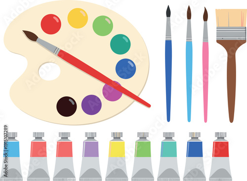 Colorful vector illustration set featuring a wooden paint palette with various pigments diverse brushes and multi colored oil paint tubes.