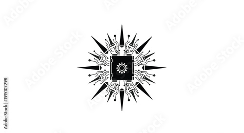 Stylized starburst explosion design element with geometric patterns and shapes in black and white for creative projects and artistic use