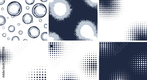Halftone dot pattern backgrounds, navy blue and white textures.