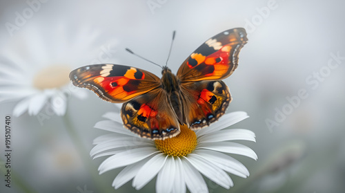 Detailed Macro of a Red Admiral Butterfly Resting on White Daisies with Soft Bokeh