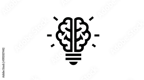 A stylized black illustration, brain shaped as a lightbulb, on white background, radiating bright ideas
