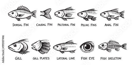 Hand-drawn vector illustration depicting the anatomy of a fish.  Ideal for educational materials, biology textbooks, seafood industry presentations, or wildlife conservation websites.