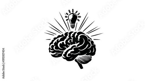 A black and white illustration of a human brain with a light bulb above, radiating lines outward