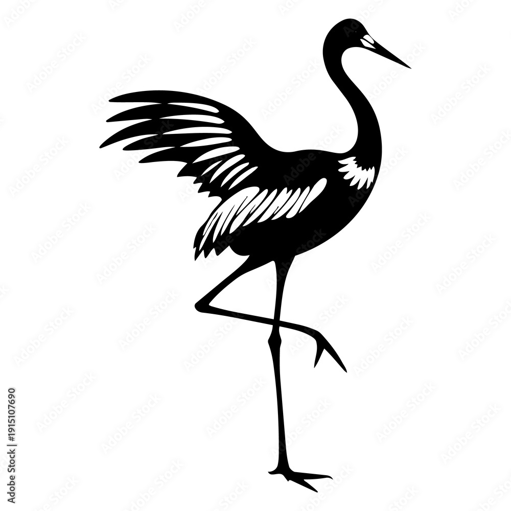 Obraz premium Elegant black silhouette of a standing crane with outstretched wings, isolated on a clean white background, ideal for branding or graphic design.