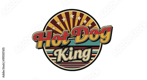 Vintage style hot dog logo with sunburst design, isolated on transparent background