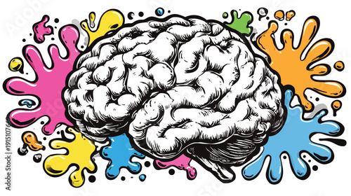 A grayscale rendering of a brain surrounded by brightly colored paint splatters