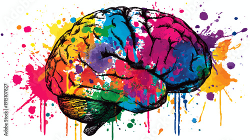 A vibrant, colorful illustration of a human brain with paint splatters, on a white background