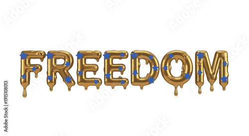 Gold and blue dripping paint lettering spelling out 'FREEDOM' on transparent background