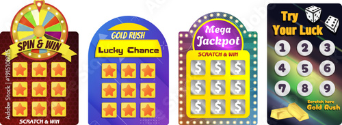 Vibrant lottery and scratch card set with spin and win wheel, mega jackpot board and gold rush concept. Ideal for casino advertising, mobile games, betting platforms and promotional campaigns.